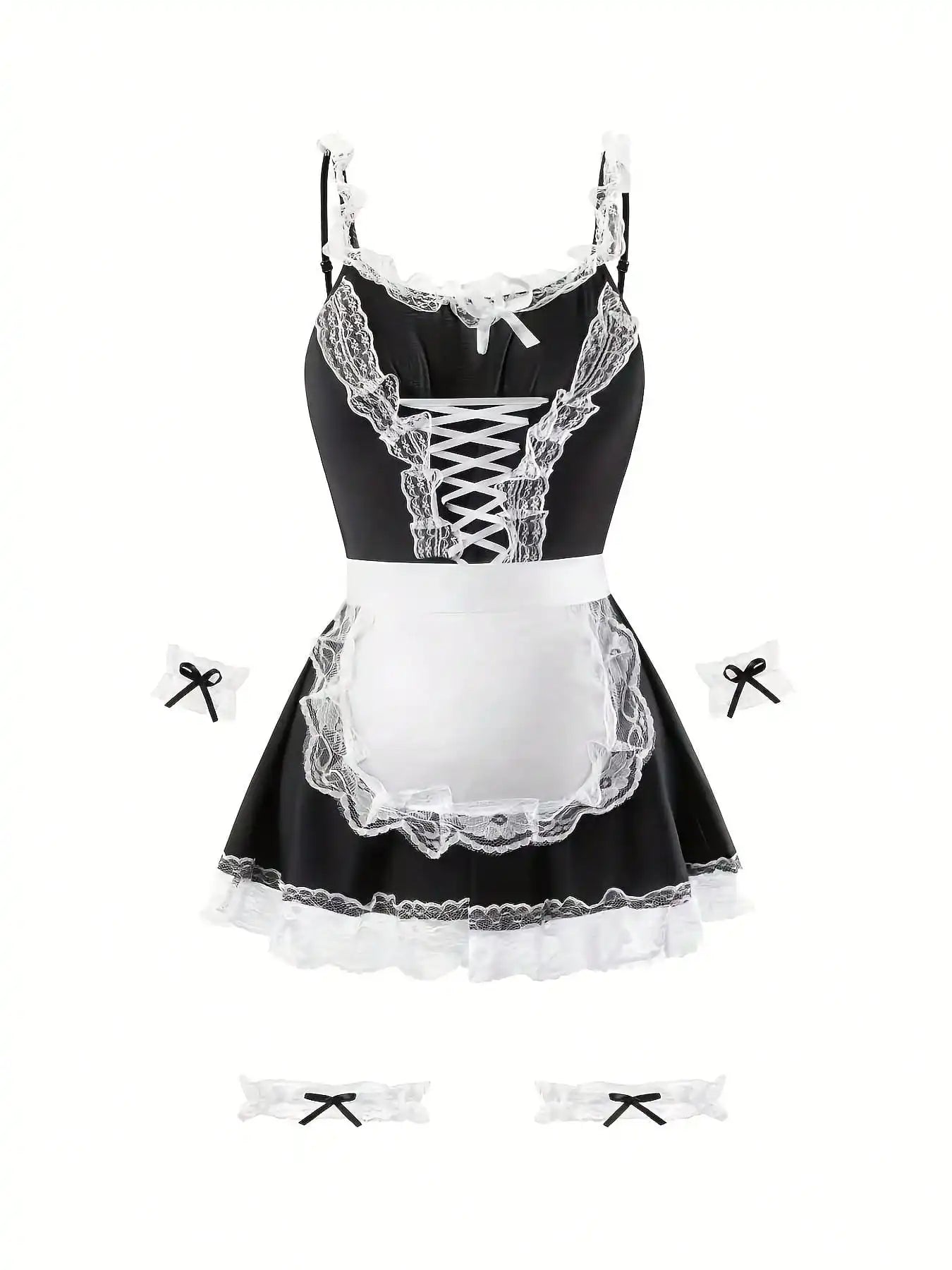 Women's Lace Trim Maid-Inspired Mini Dress Set with Apron and Hair Accessory