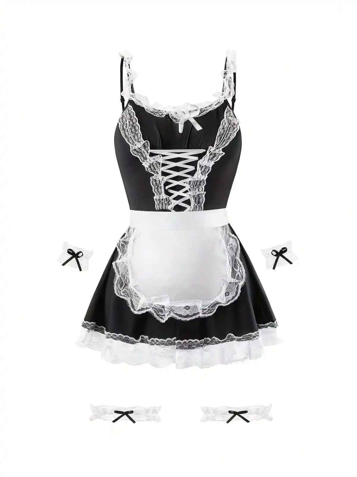 Women's Lace Trim Maid-Inspired Mini Dress Set with Apron and Hair Accessory