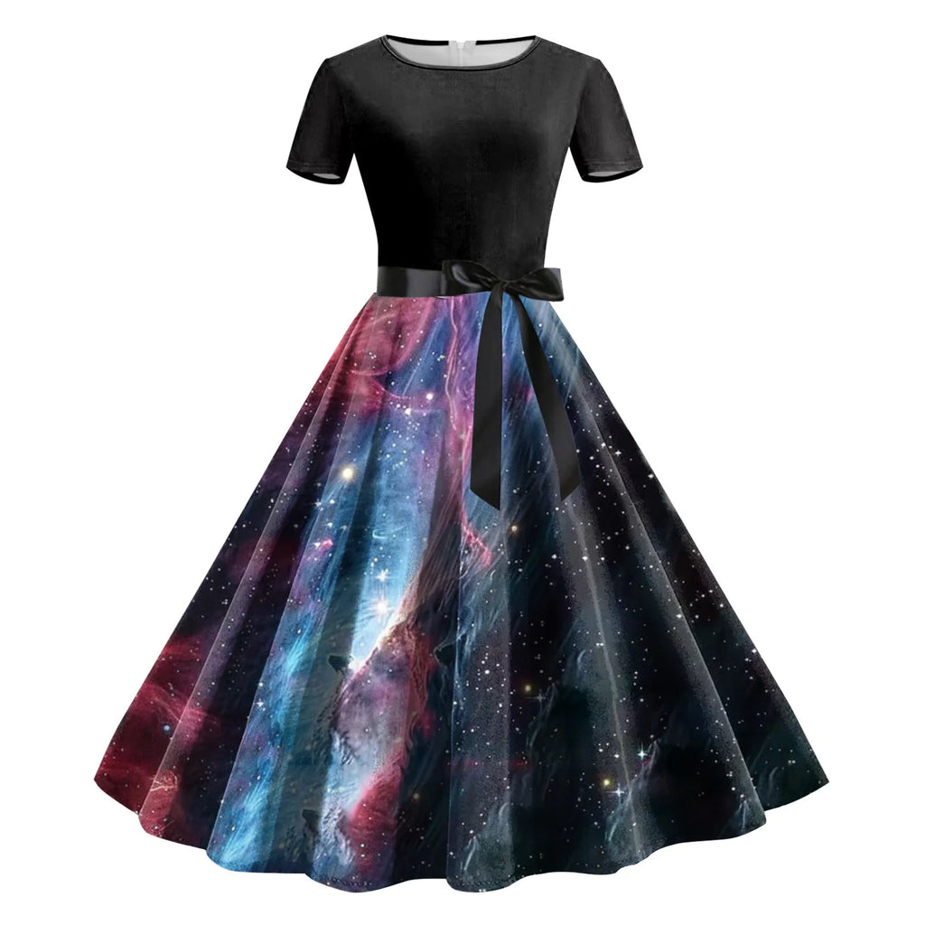 Cosmic Galaxy Print A-Line Swing Dress with Black Bodice and Waist Tie
