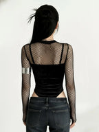 Velvet Graphic Mesh Sleeve Bodysuit for Gothic Alternative Streetwear Fashion