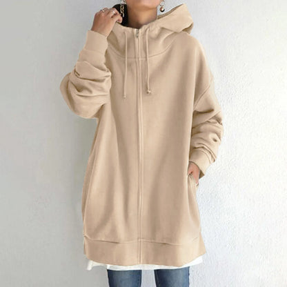 Women's Mid-Length Oversized Hooded Sweatshirt Relaxed Streetwear Pullover with Front Pocket