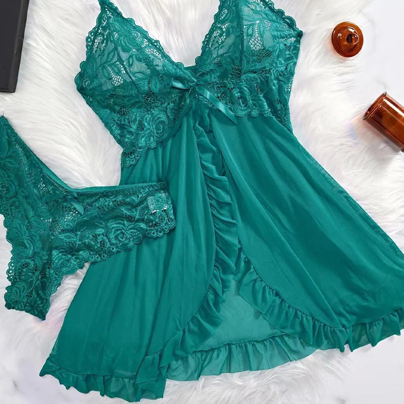 Sheer Black Mesh Split-Front Babydoll Set with Floral Lace Bodice