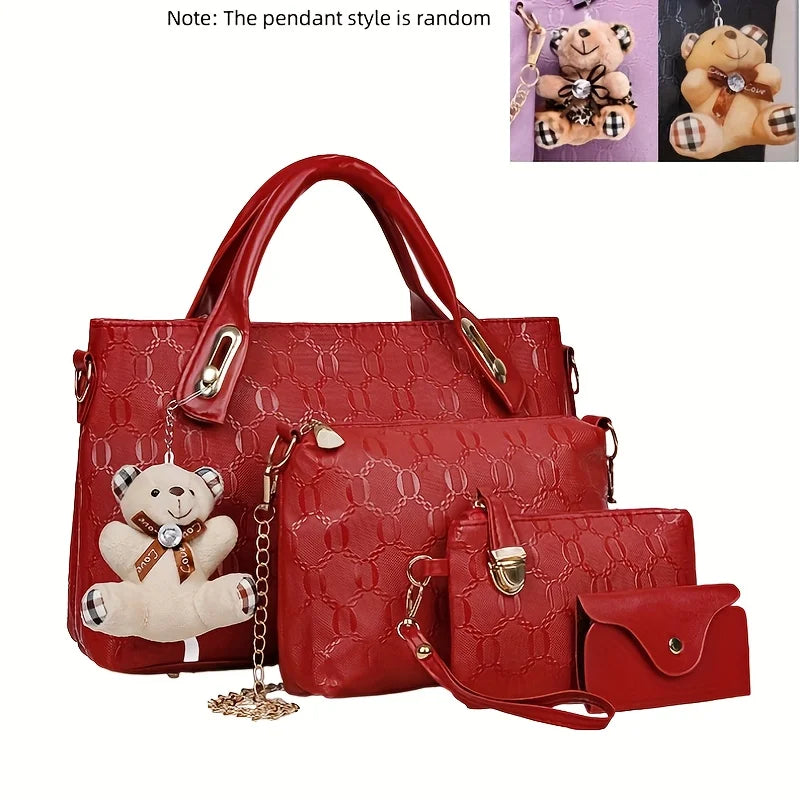 Embossed PU Leather Tote Bag Set with Crossbody Purse and Wallet