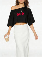 Off Shoulder Graphic Crop Tee with Batwing Sleeves and Relaxed Fit