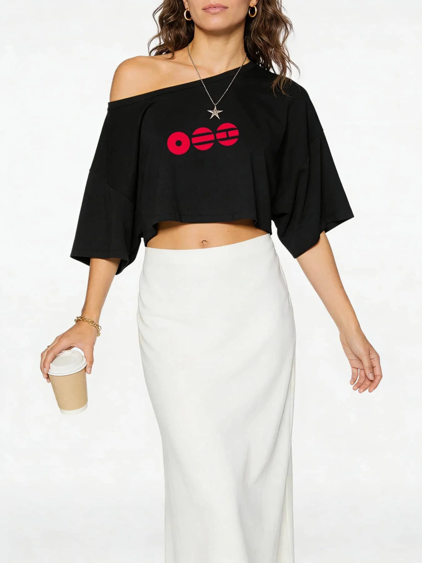 Off Shoulder Graphic Crop Tee with Batwing Sleeves and Relaxed Fit