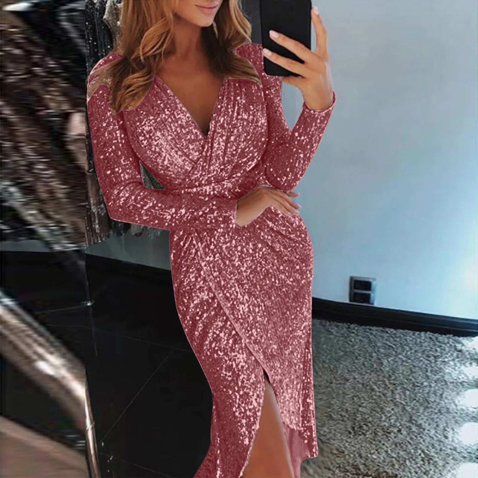 Wrap Style Sequin Maxi Dress With Long Sleeves And Front Slit