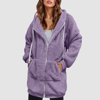 Women's Oversized Hooded Plush Fleece Zip Jacket for Cozy Streetwear Layering
