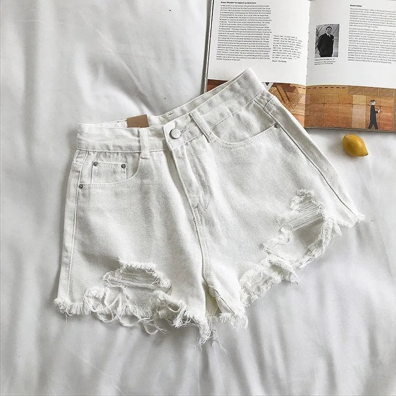 Women's Distressed Denim Style High Waist Frayed Hem Casual Streetwear Shorts with Pocket Design