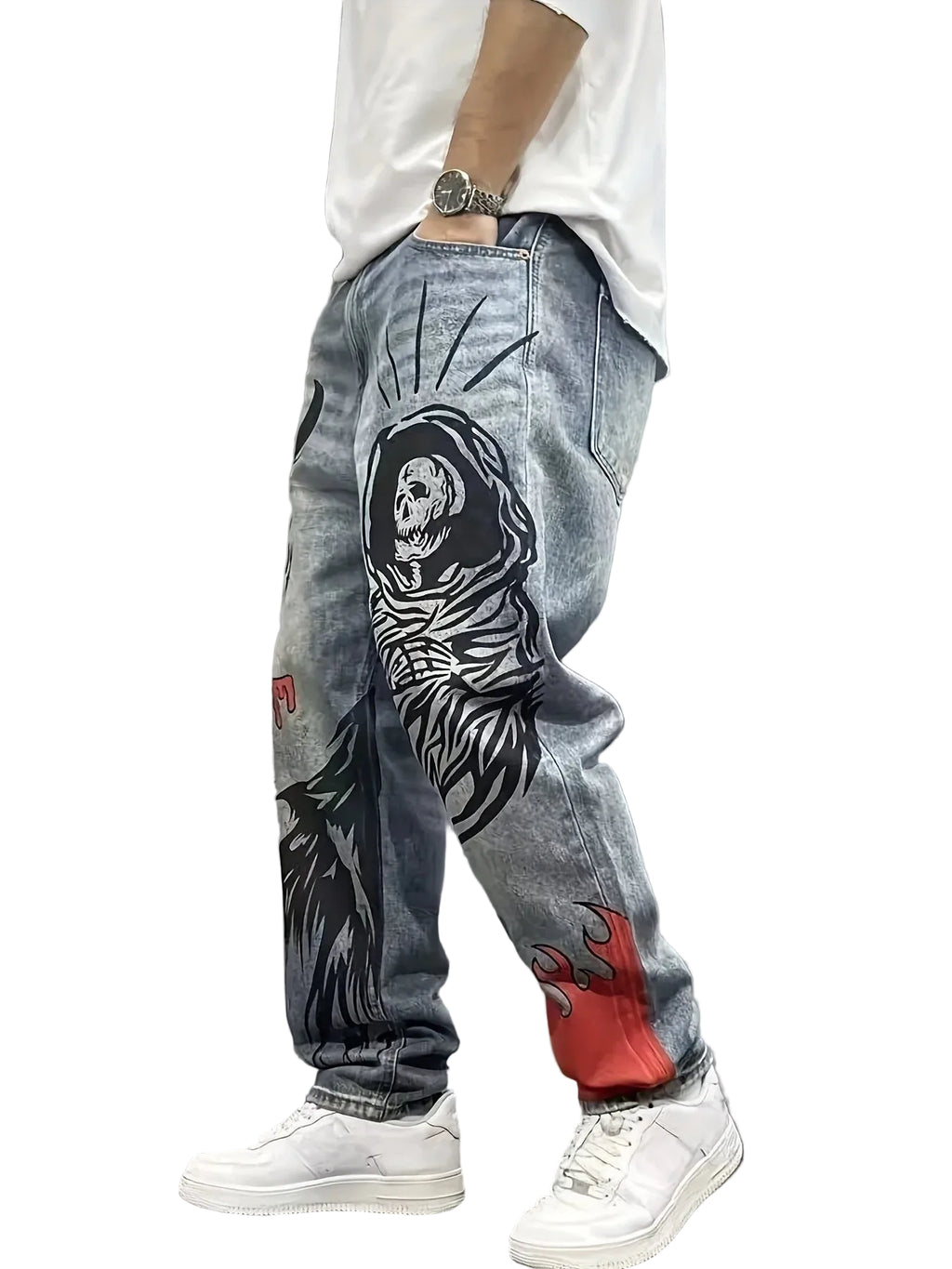 Men's Loose Fit Straight Leg Washed Denim Jeans with Artistic Graphic Streetwear Style