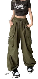 Women's Low-Rise Drawstring Wide-Leg Cargo Sweatpants with Utility Pocket Streetwear Style