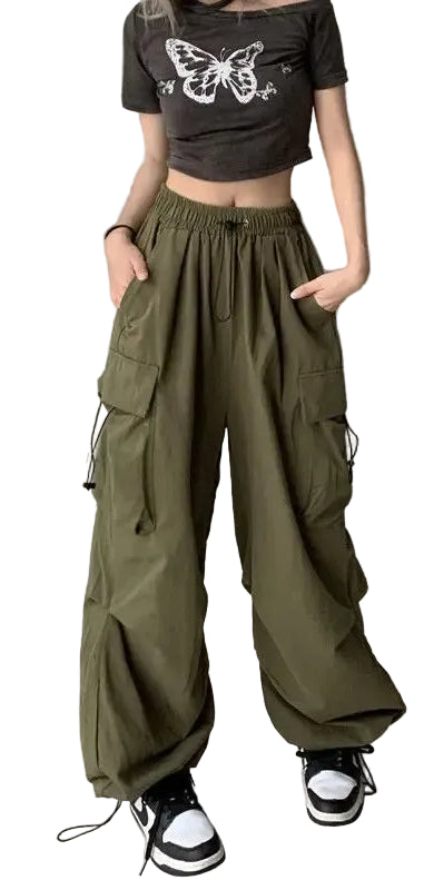 Women's Low-Rise Drawstring Wide-Leg Cargo Sweatpants with Utility Pocket Streetwear Style