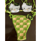 Hand-Crafted Crochet Halter Bikini Set with Whimsical Feline and Checkerboard Details