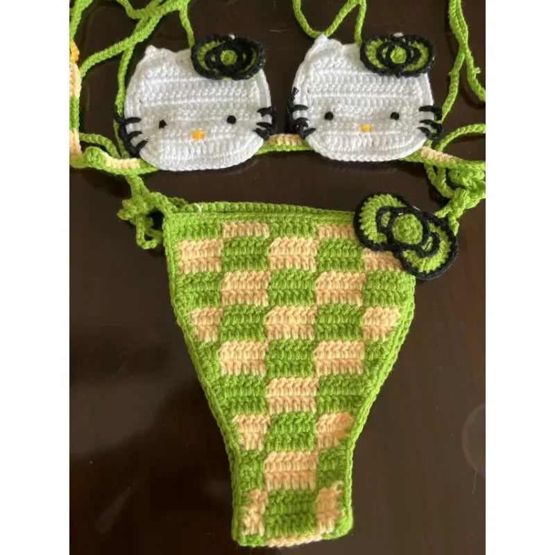 Hand-Crafted Crochet Halter Bikini Set with Whimsical Feline and Checkerboard Details