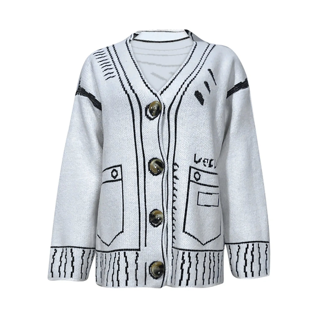 Women's Graphic Trim Knit Cardigan with Oversized Dropped Shoulder Silhouette