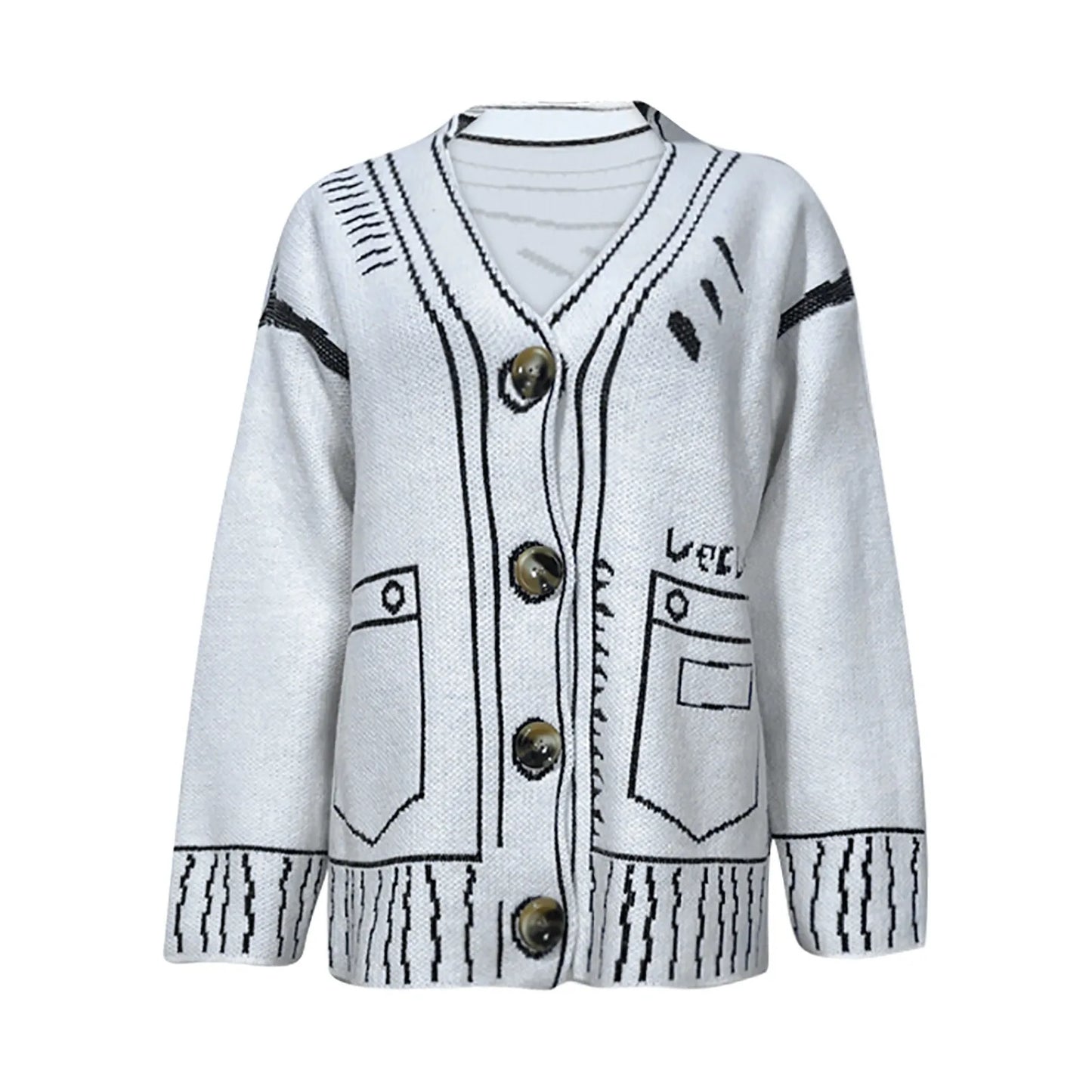 Women's Graphic Trim Knit Cardigan with Oversized Dropped Shoulder Silhouette