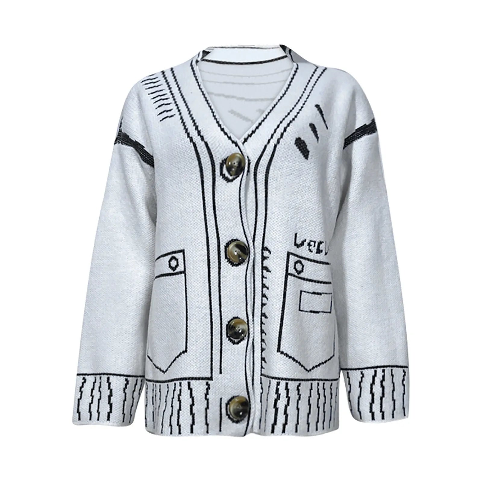 Women's Graphic Trim Knit Cardigan with Oversized Dropped Shoulder Silhouette