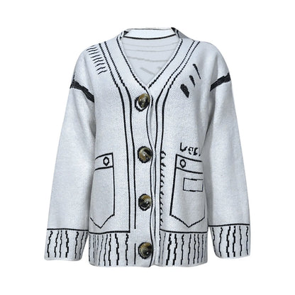 Women's Graphic Trim Knit Cardigan with Oversized Dropped Shoulder Silhouette