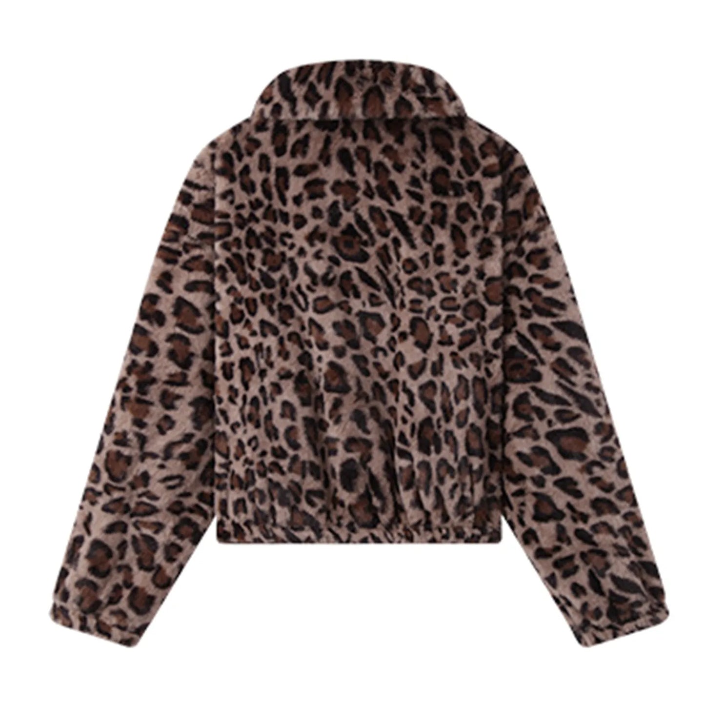 Women's Cropped Leopard Print Faux Fur Hooded Jacket Relaxed Streetwear Zip-Up Outerwear