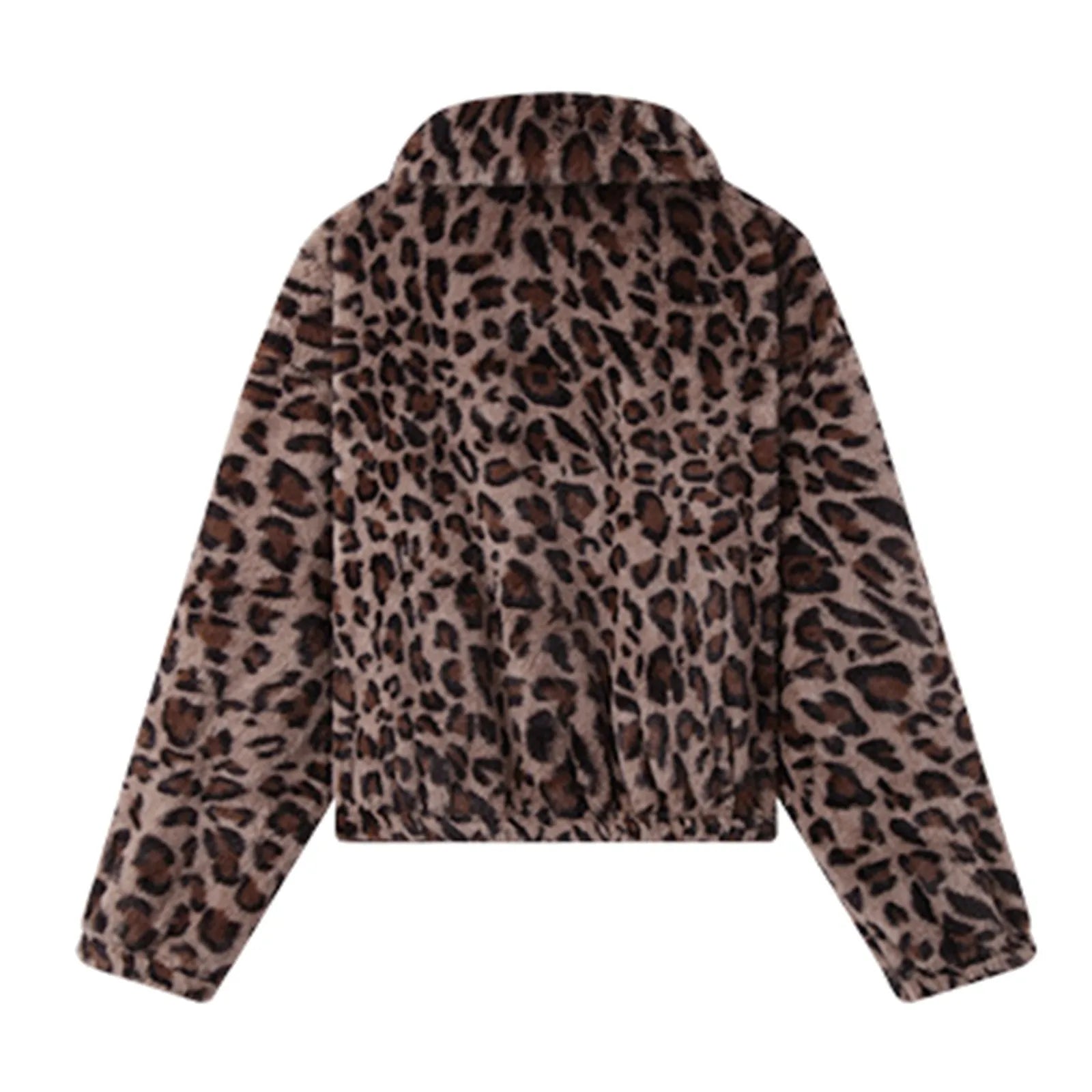 Women's Cropped Leopard Print Faux Fur Hooded Jacket Relaxed Streetwear Zip-Up Outerwear
