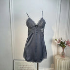 Slate Grey Satin-Finish Chemise with Intricate Sheer Lace Bodice