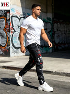 Men's Distressed Slim Straight Denim Jeans with Paint Detail Streetwear Design