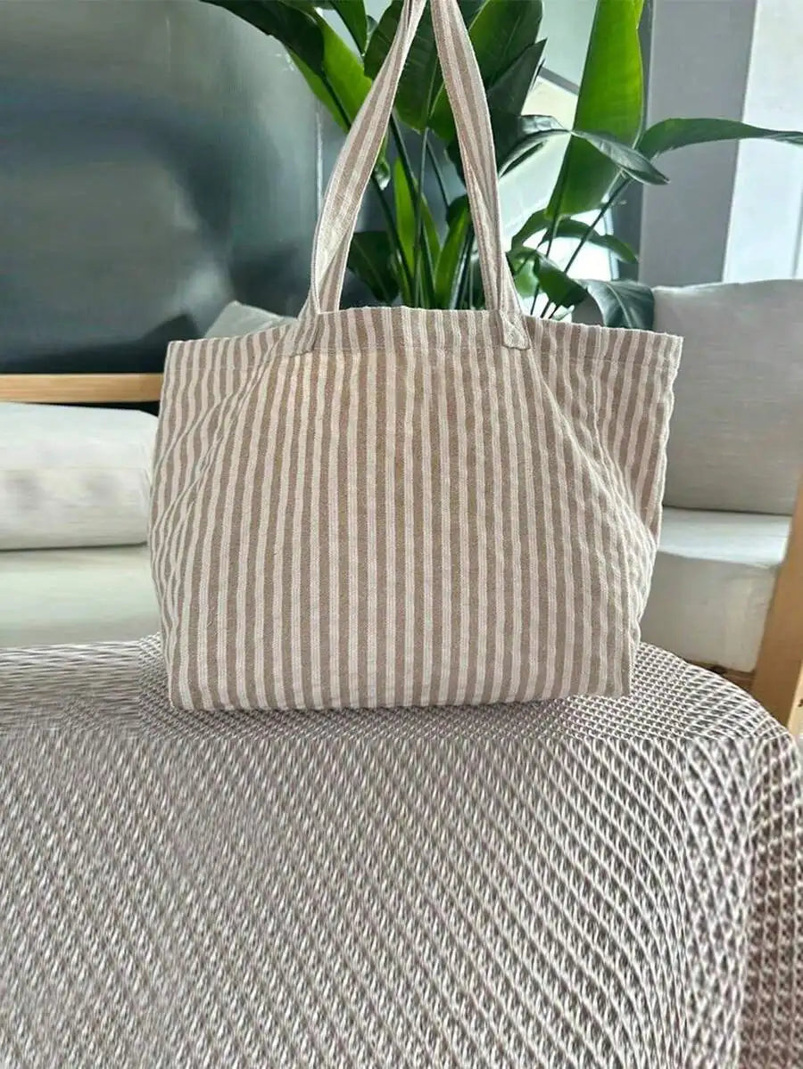 Striped Canvas Tote Bag with Large Capacity Casual Everyday Shoulder Design