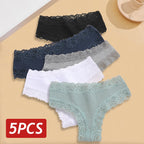 Five-Piece Ribbed Cotton-Blend Brazilian Panty Set with Floral Lace Trim