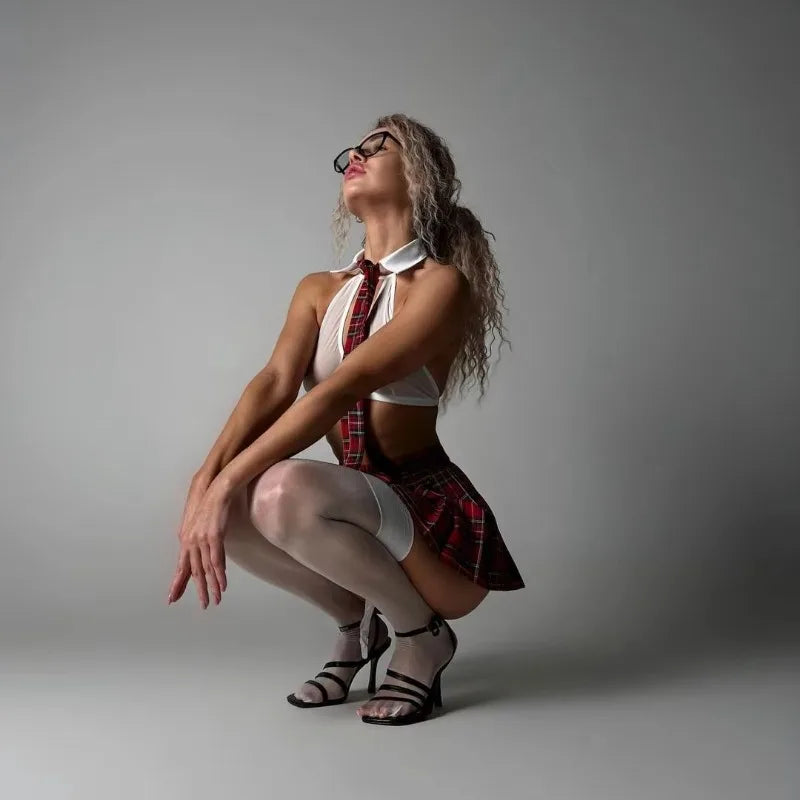 Playful Plaid Pleated Skirt and Crop Top Lingerie Set with Suspender Details