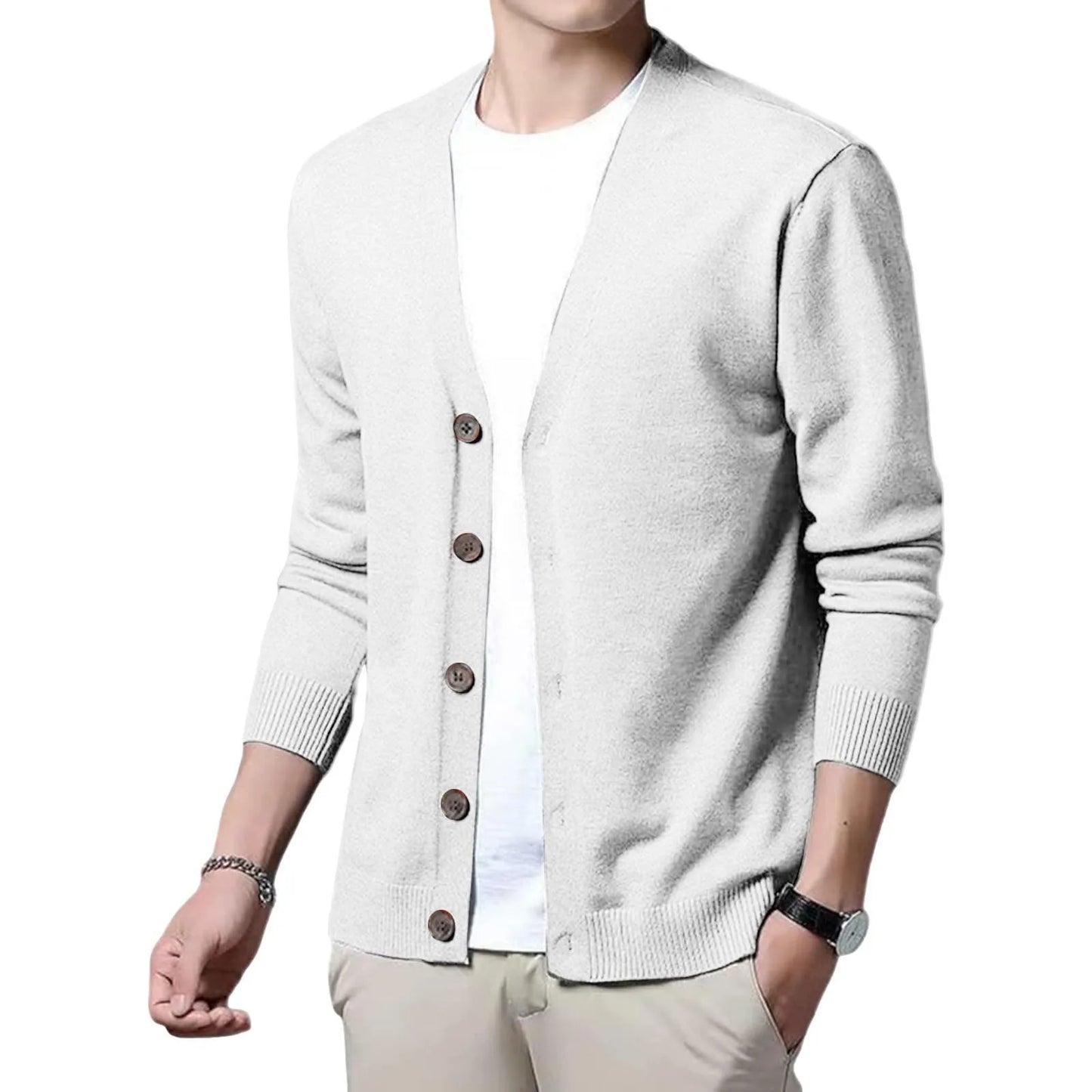 Men's V Neck Button Front Cardigan with Lightweight Ribbed Knit Construction