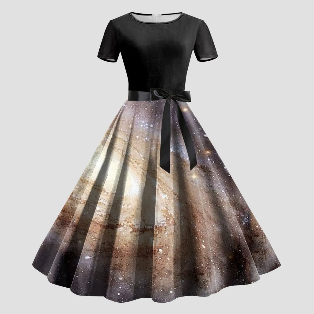 Cosmic Galaxy Print A-Line Swing Dress with Black Bodice and Waist Tie