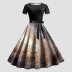 Cosmic Galaxy Print A-Line Swing Dress with Black Bodice and Waist Tie