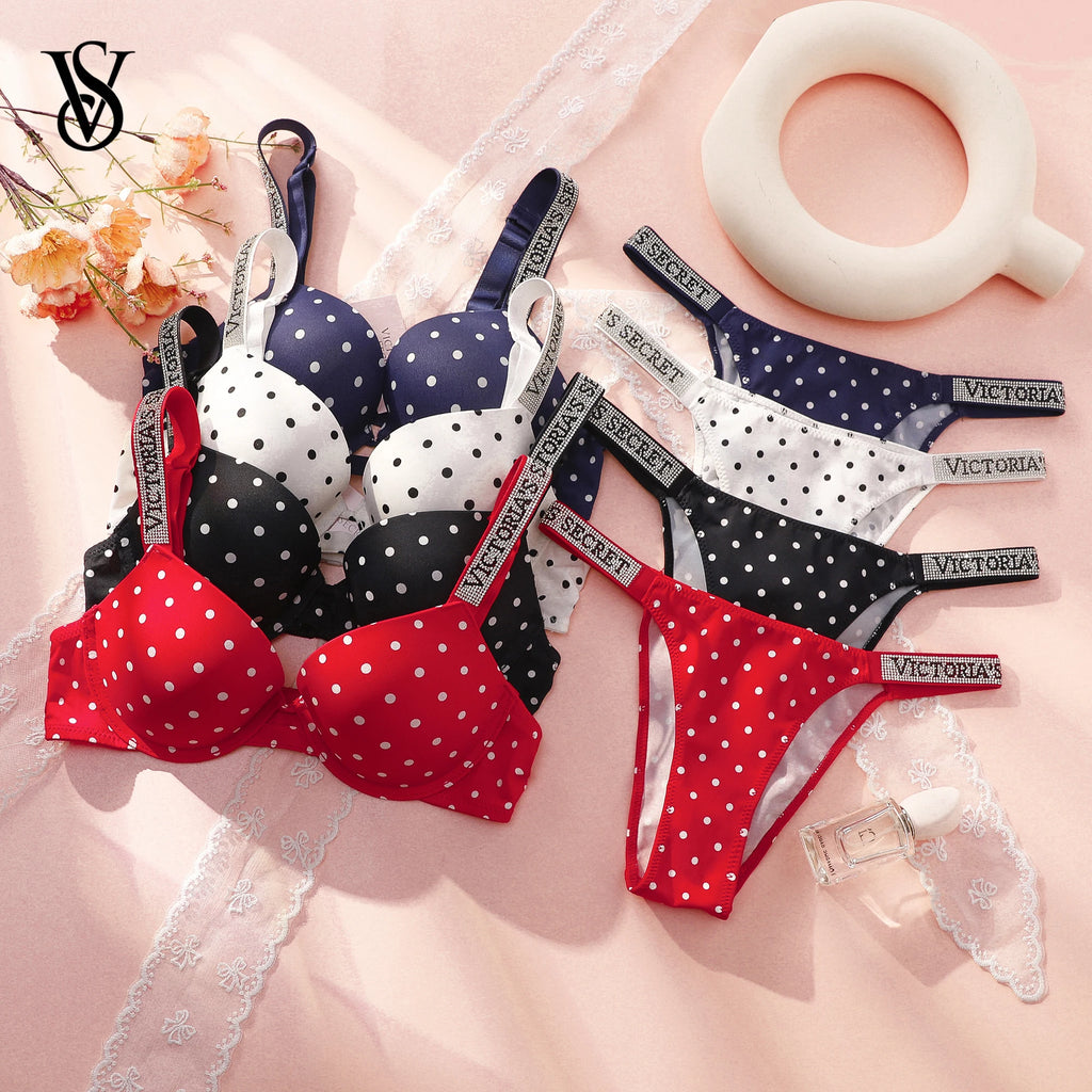 Playful Polka Dot Push-Up Bra and Matching Statement Rhinestone Strap Thong Set
