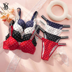 Playful Polka Dot Push-Up Bra and Matching Statement Rhinestone Strap Thong Set