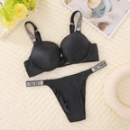 Luminous Rhinestone Script Strap Contour Bra and V-String Intimates Set