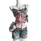 Lace Trim Graphic Halter Crop Top with Bow Detail Contemporary Streetwear Style