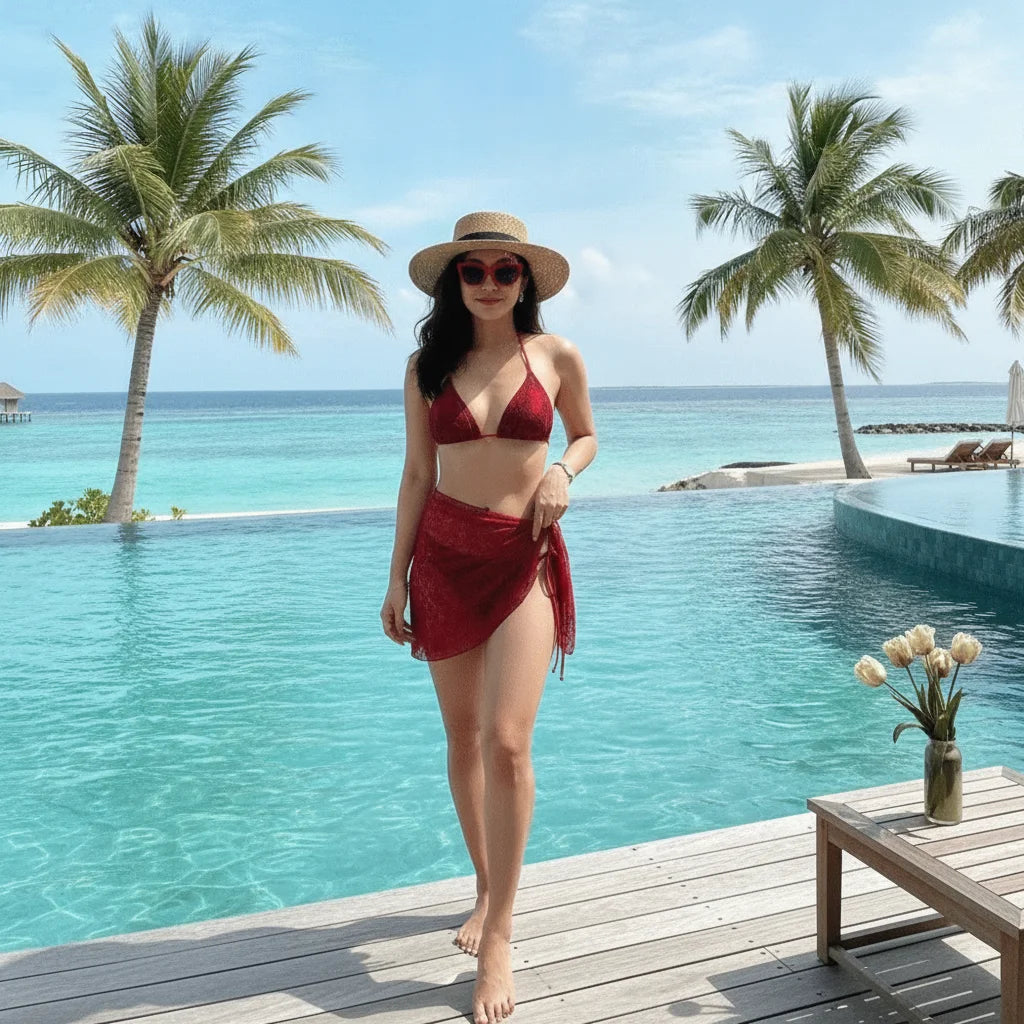 Solid Crimson Three-Piece Triangle Bikini Set with Sheer Mesh Wrap Skirt
