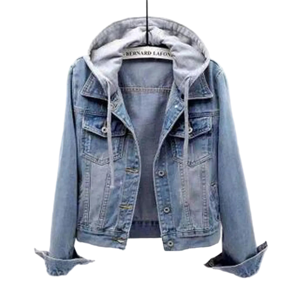 Hooded Denim Style Cropped Jacket with Vintage Streetwear Inspired Design