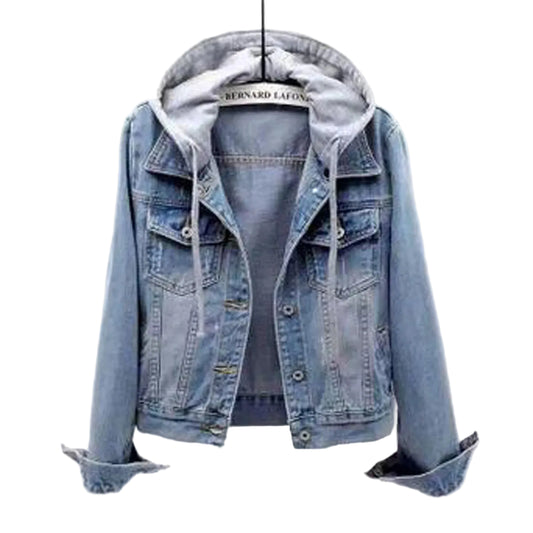 Hooded Denim Style Cropped Jacket with Vintage Streetwear Inspired Design