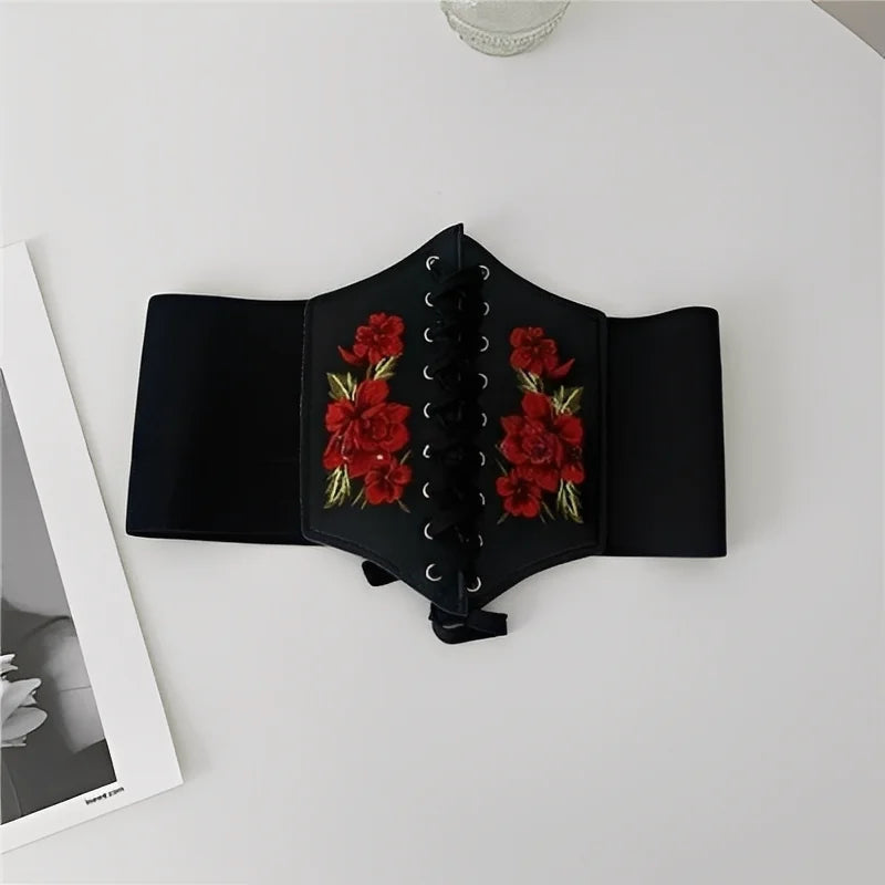Embroidered Faux Leather Corset Belt with Wide Waist-Defining Silhouette