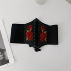 Embroidered Faux Leather Corset Belt with Wide Waist-Defining Silhouette