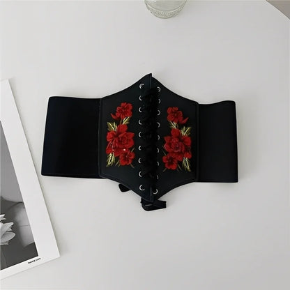 Embroidered Faux Leather Corset Belt with Wide Waist-Defining Silhouette