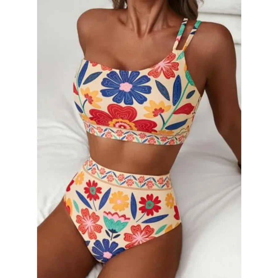 High-Waisted Floral One-Shoulder Bikini Set with Asymmetrical Top, Ruched Tummy-Control Styling and Matching Bottom