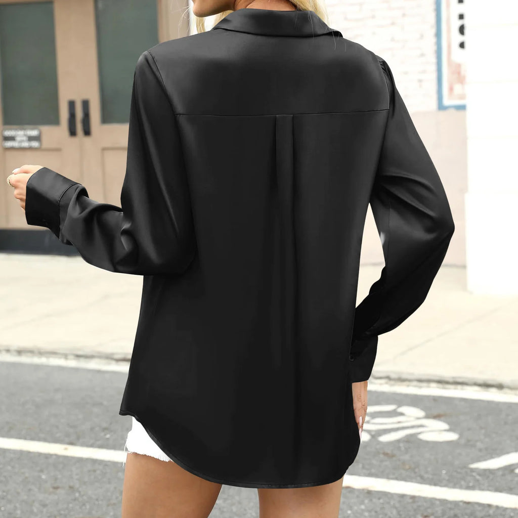 Classic Solid Black Satin-Finish Button-Down Blouse with Straight Silhouette