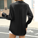 Classic Solid Black Satin-Finish Button-Down Blouse with Straight Silhouette