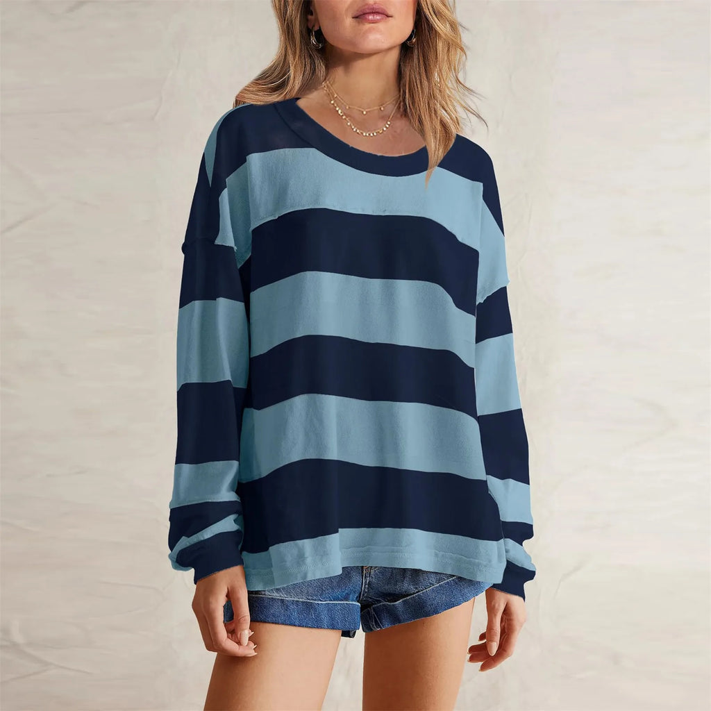 Women's Relaxed Striped Knit Pullover with Long Sleeves for Casual Everyday Streetwear Style