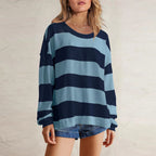 Women's Relaxed Striped Knit Pullover with Long Sleeves for Casual Everyday Streetwear Style