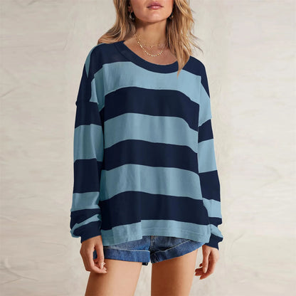 Women's Relaxed Striped Knit Pullover with Long Sleeves for Casual Everyday Streetwear Style