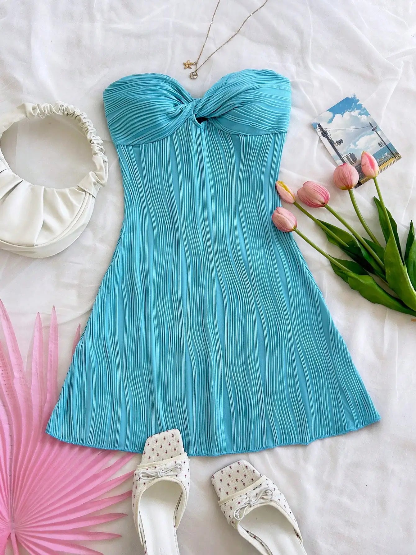 Strapless Pleated Mini Dress with Twist Front Detail A-Line Silhouette