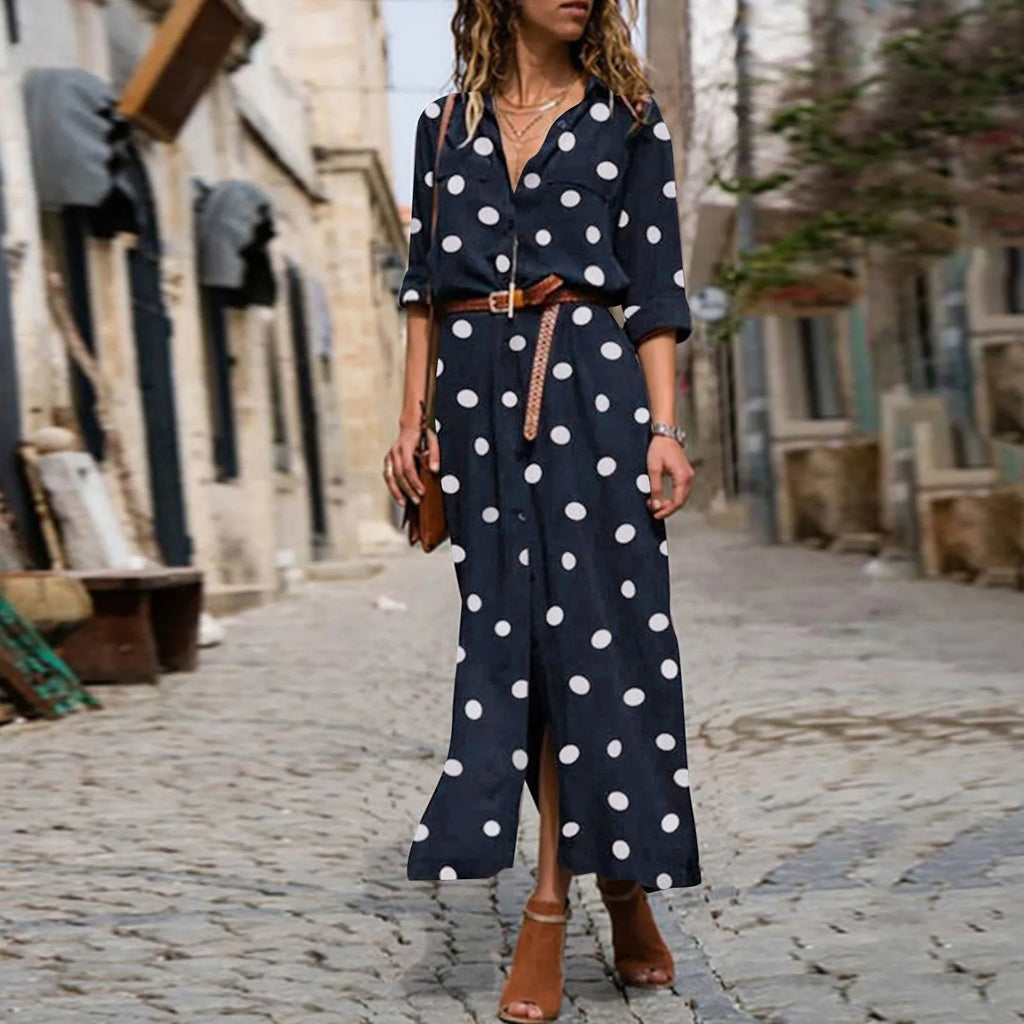 Button Front Polka Dot Maxi Shirt Dress with Belt and Side Split