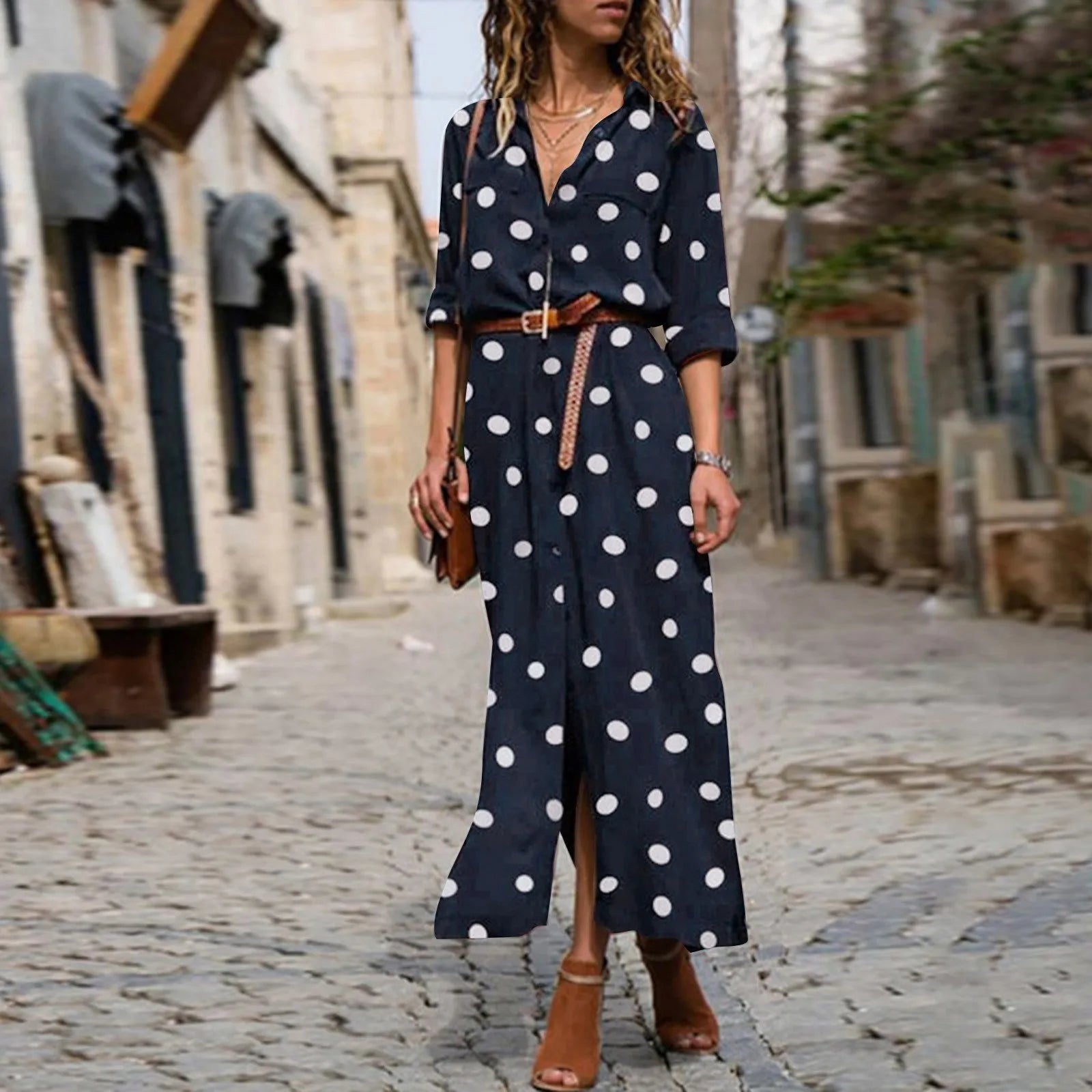 Button Front Polka Dot Maxi Shirt Dress with Belt and Side Split